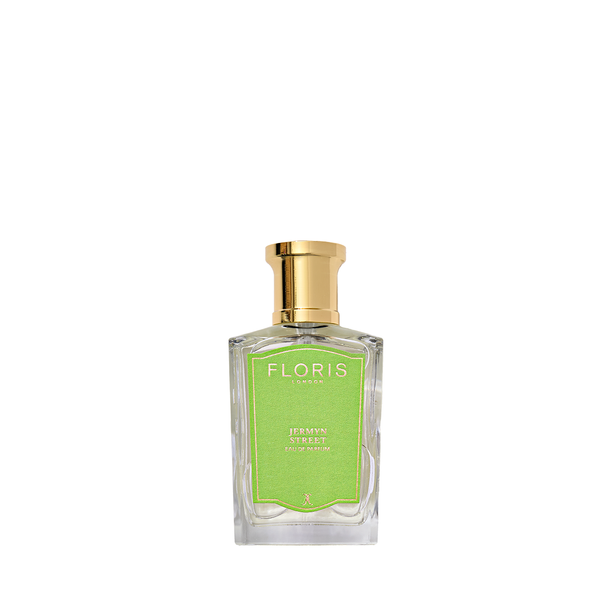 Floris London's Jermyn Street Eau de Parfum, with vetiver notes, features a green label and gold cap.