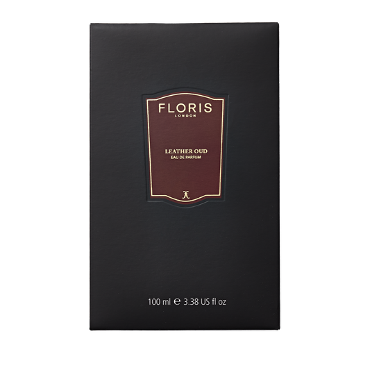 Floris London's black box of Leather Oud Eau de Parfum, featuring oud oil and sandalwood notes, comes in a 100 ml size.