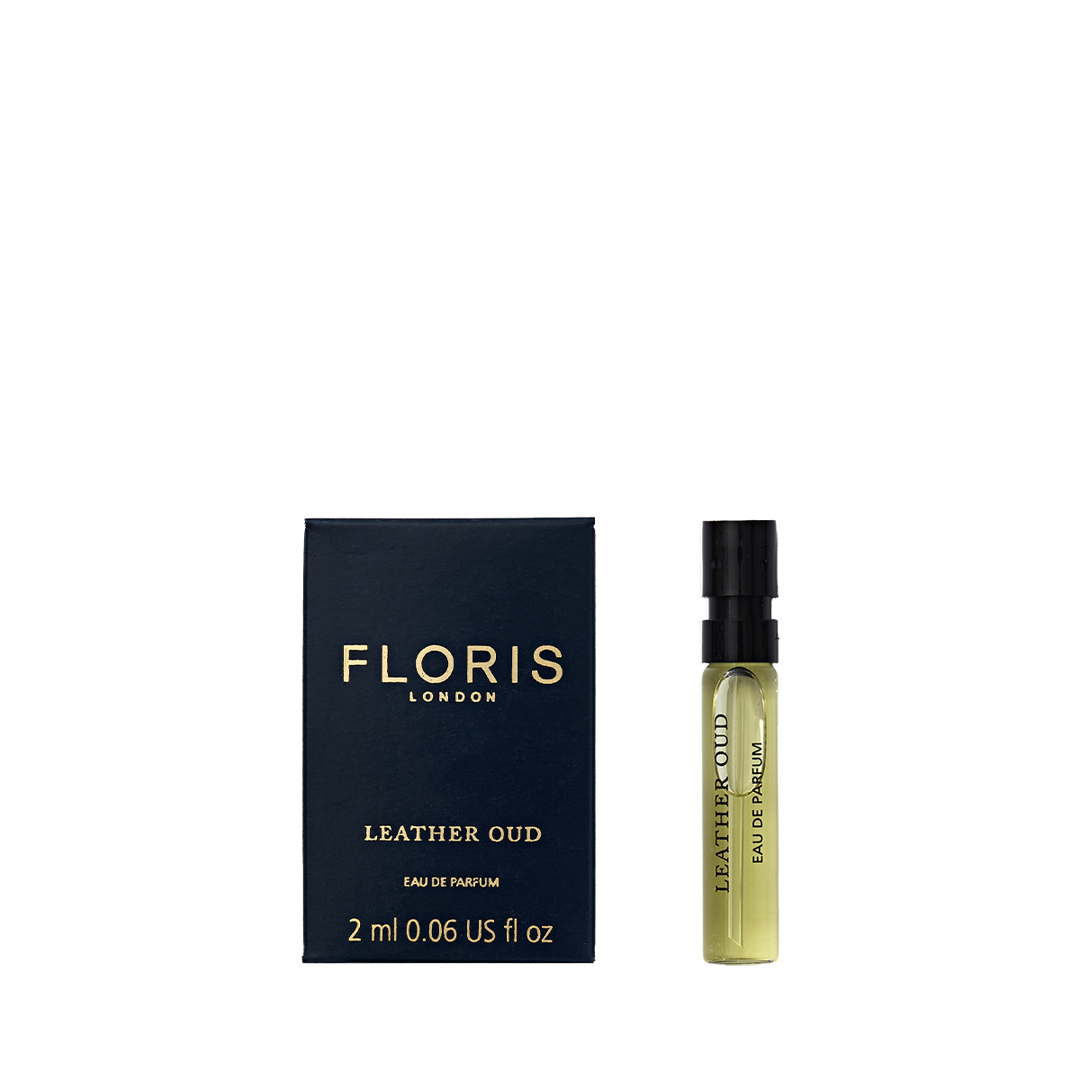 Floris London's Leather Oud - Eau de Parfum shown with a 2 ml spray bottle.