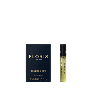 Floris London's Leather Oud - Eau de Parfum shown with a 2 ml spray bottle.