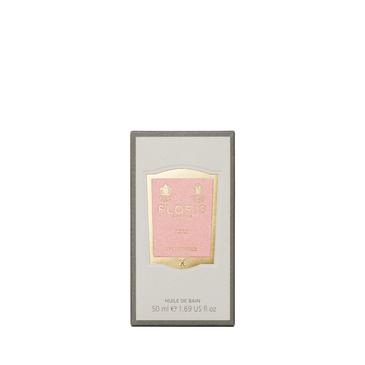 Floris London's Lily Bath Essence, 50 ml, comes in a pink and gold box with a floral lily of the valley fragrance.