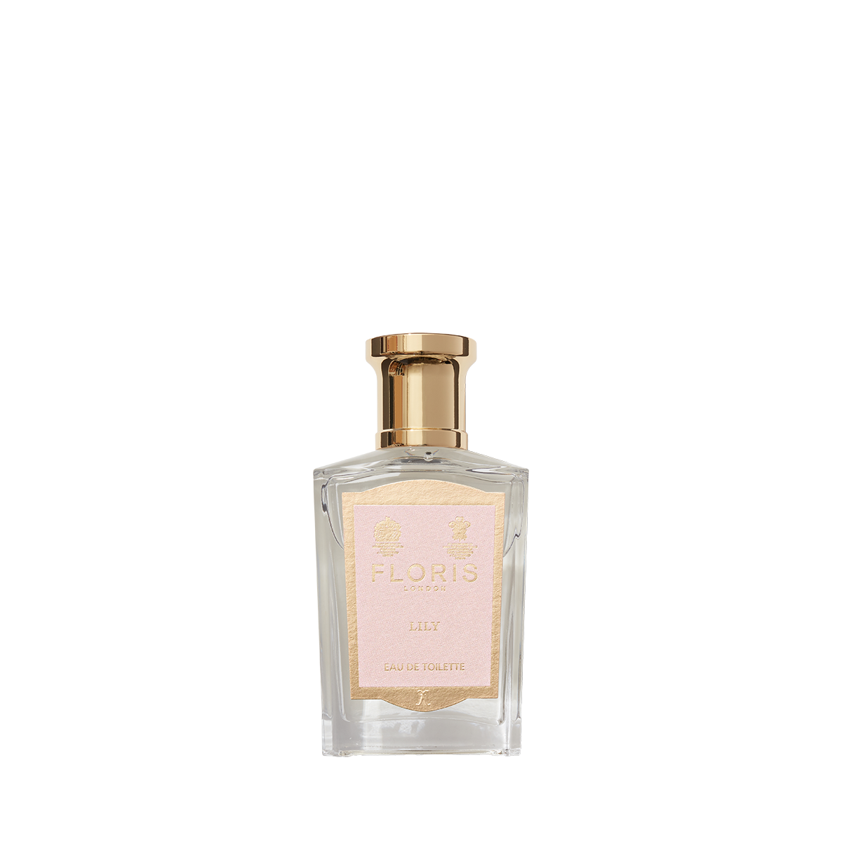 Floral fragrance bottle by Floris London, labeled "Lily - Eau de Toilette," with a gold cap and featuring Egyptian jasmine on a light background.