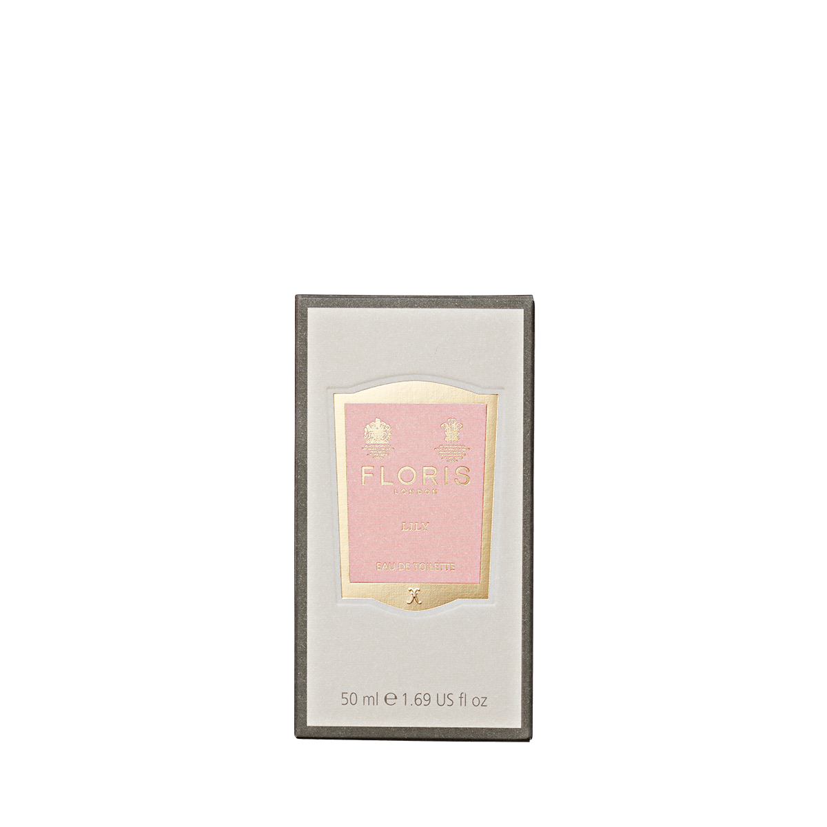 A rectangular box of Floris London’s Lily - Eau de Toilette with a pink and gold label exudes a sophisticated floral fragrance.