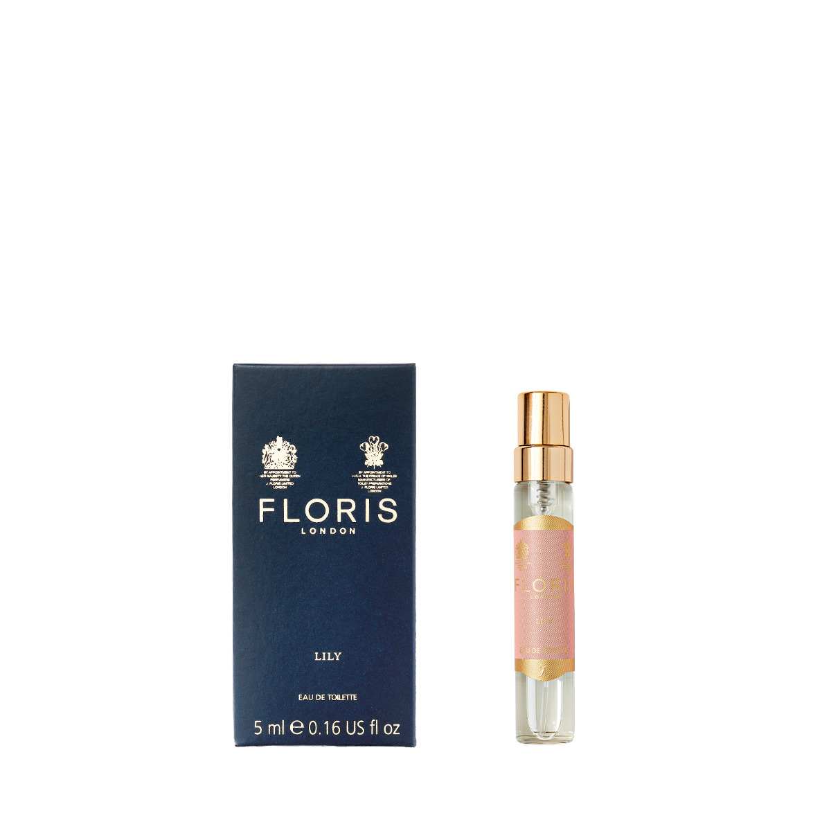 Navy blue Floris London Lily - Eau de Toilette box and small spray bottle with a gold cap and pink label, offering an elegant floral fragrance.