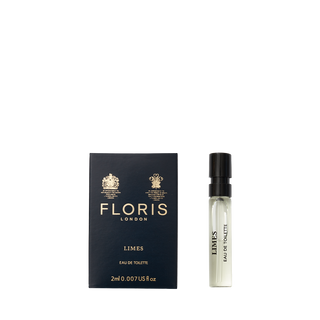 Floris London's Limes Eau de Toilette, a citrus fragrance in a 2ml spray vial, comes with a navy box featuring gold accents and branding.
