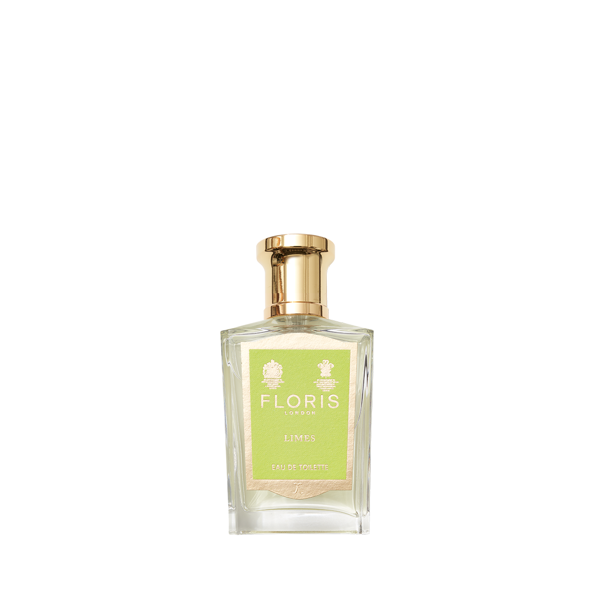 Floris London Limes Eau de Toilette, with a gold cap and light green label, offers a vibrant citrus scent.