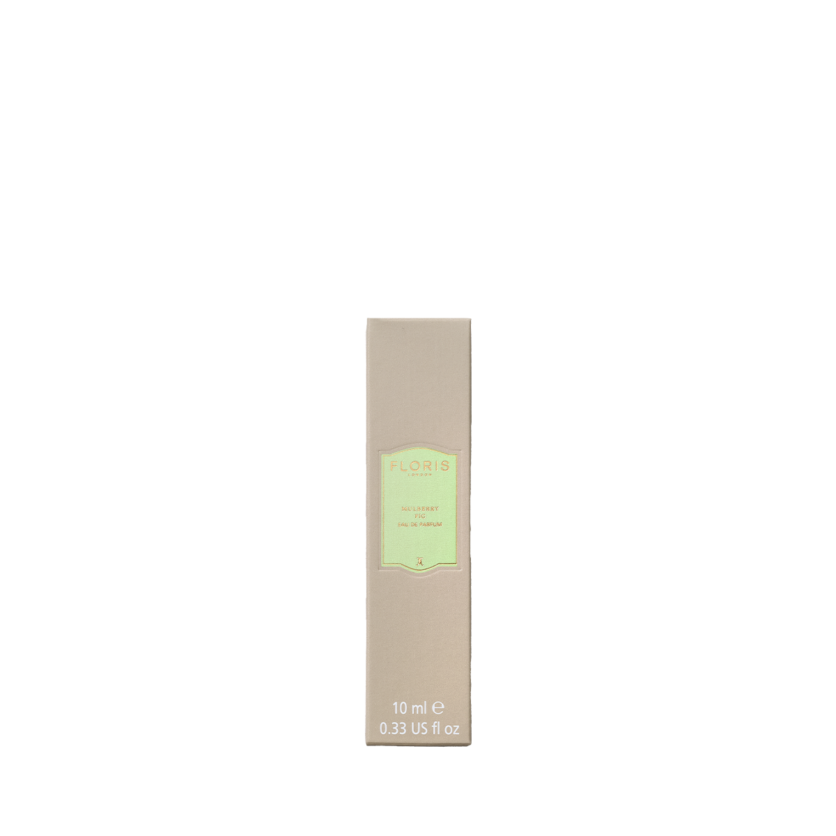 A beige box labeled "10 ml" with Floris London's Mulberry Fig - Eau de Parfum rests on a white background, suggesting the floral amber scent inside.