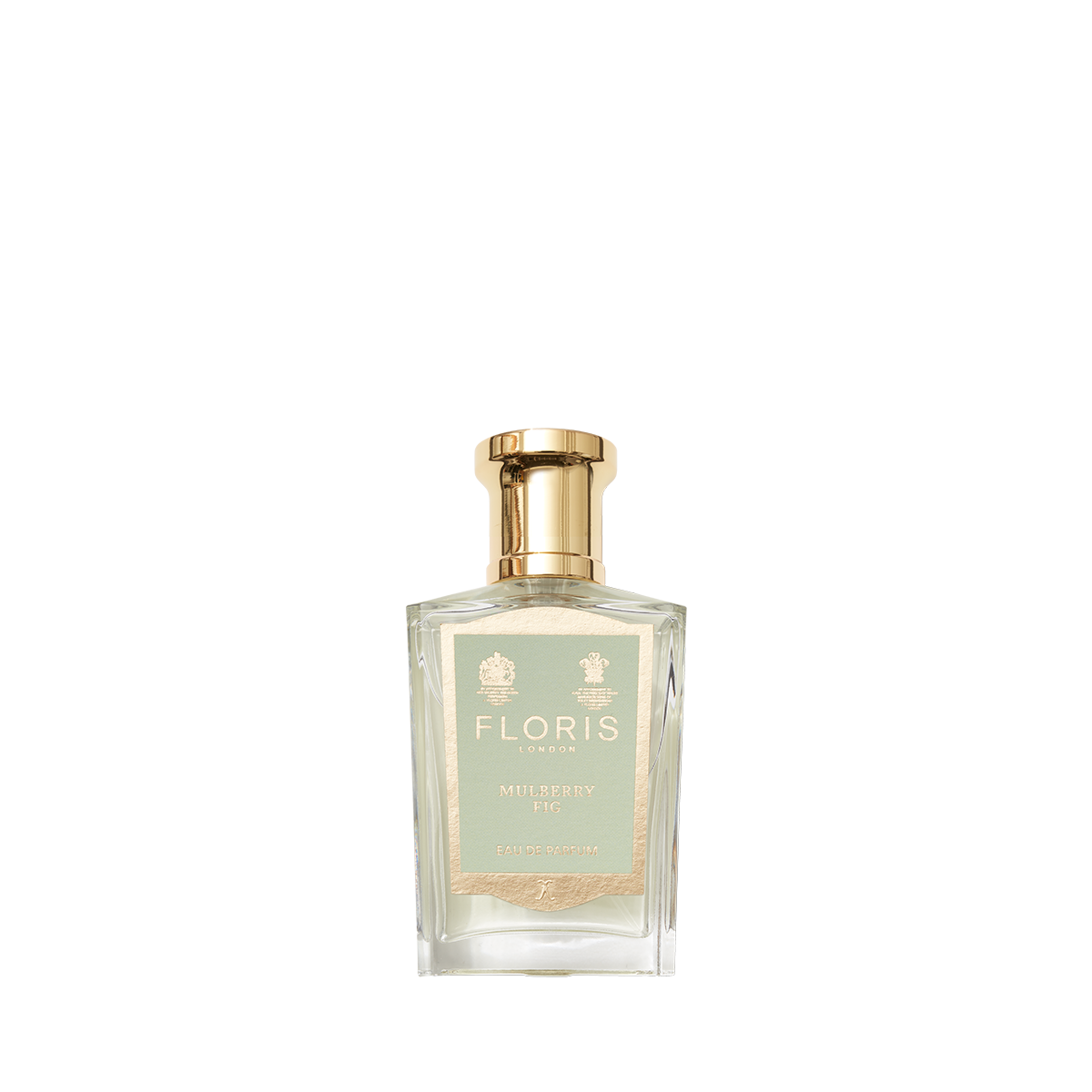 A bottle of Floris London Mulberry Fig Eau de Parfum with a gold cap and light green label, offering a woody character and floral amber fragrance.