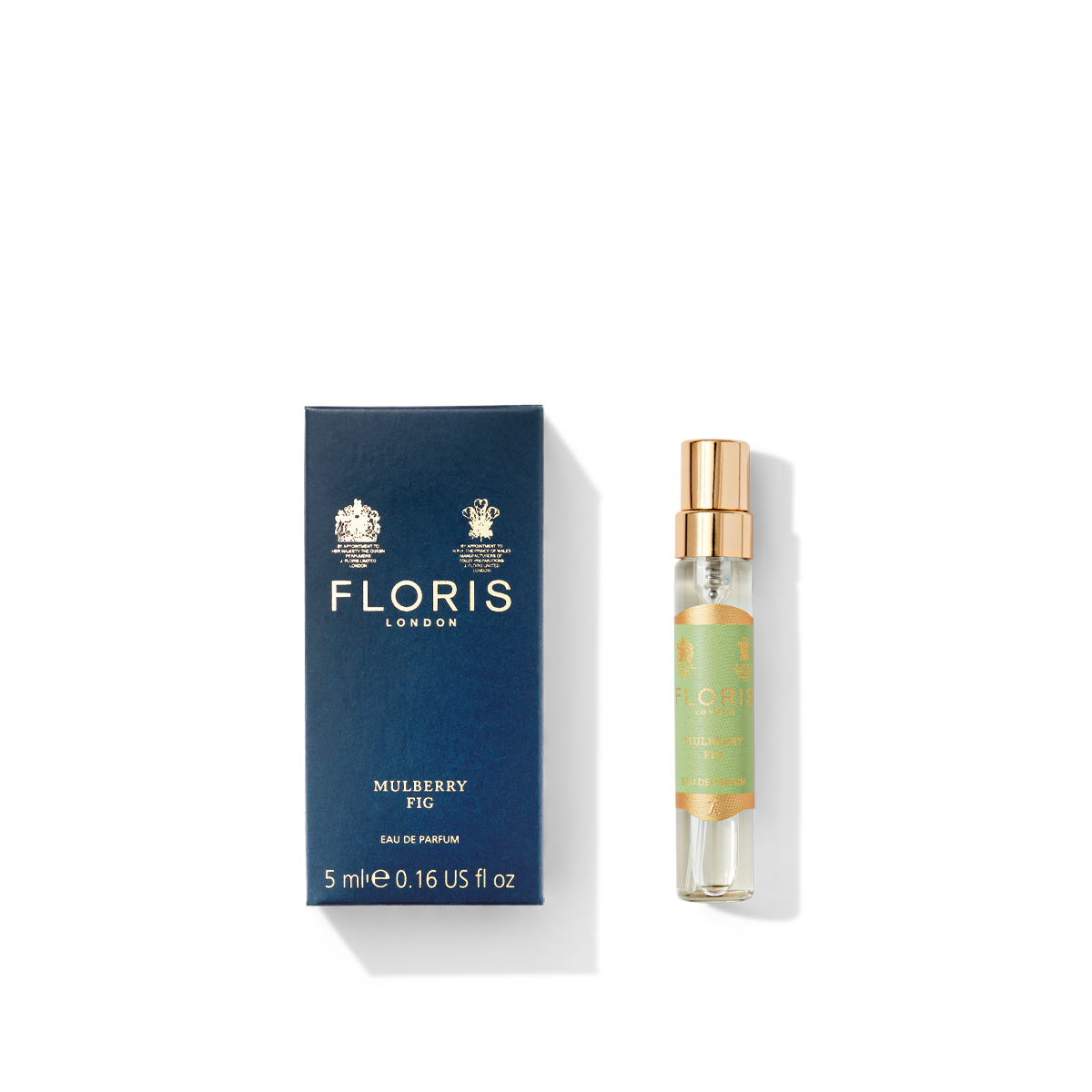 Floris London UK's Mulberry Fig Eau de Parfum 5ml, packaged in its elegant box and adorned with a gold cap, delivers an enchanting floral amber fragrance that captivates the senses.