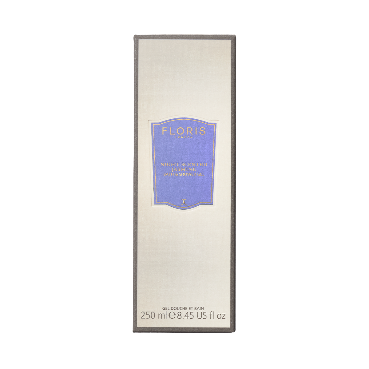 Floris London's Night Scented Jasmine Bath & Shower Gel delights with floral heart and sandalwood base notes, packaged in a tall, rectangular purple-labeled box.