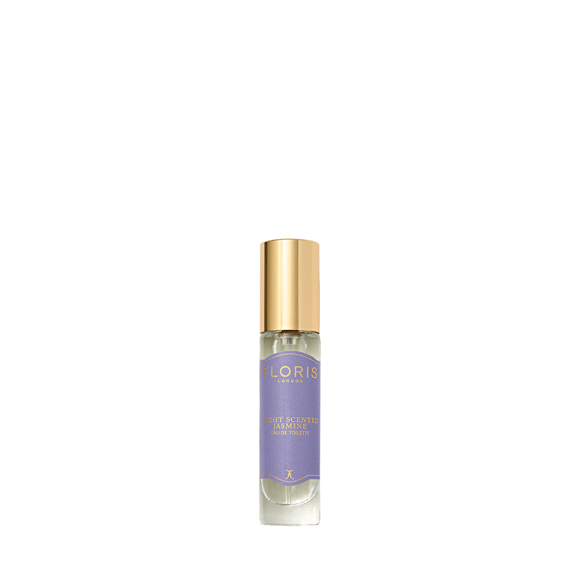 A small perfume bottle with a gold cap, featuring a lavender label that reads "Floris London," evokes Night Scented Jasmine under glowing lanterns.
