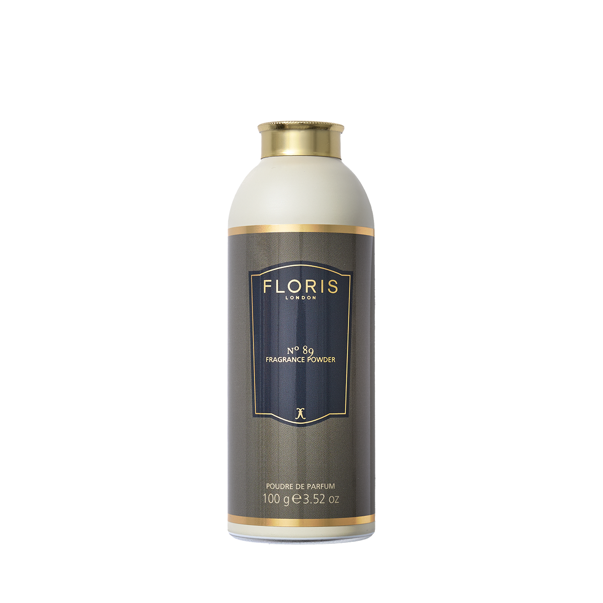 Floris London's No. 89 Fragrance Powder, 100g, boasts a luxurious gold and black label.