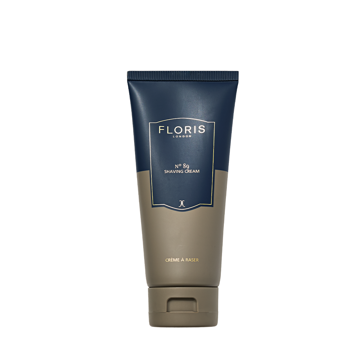 Floris London No. 89 - Shaving Cream 100ml, featuring aloe vera and the signature No.89 scent, stands upright in blue and taupe packaging.