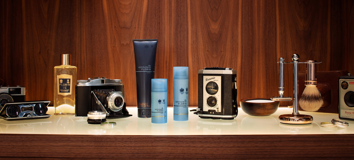 White table with a huge range of Floris London Grooming products