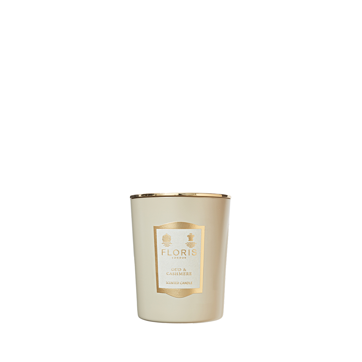 Floris London Oud & Cashmere Scented Candle 175g in cream with a gold rim and label, displayed on a white background.