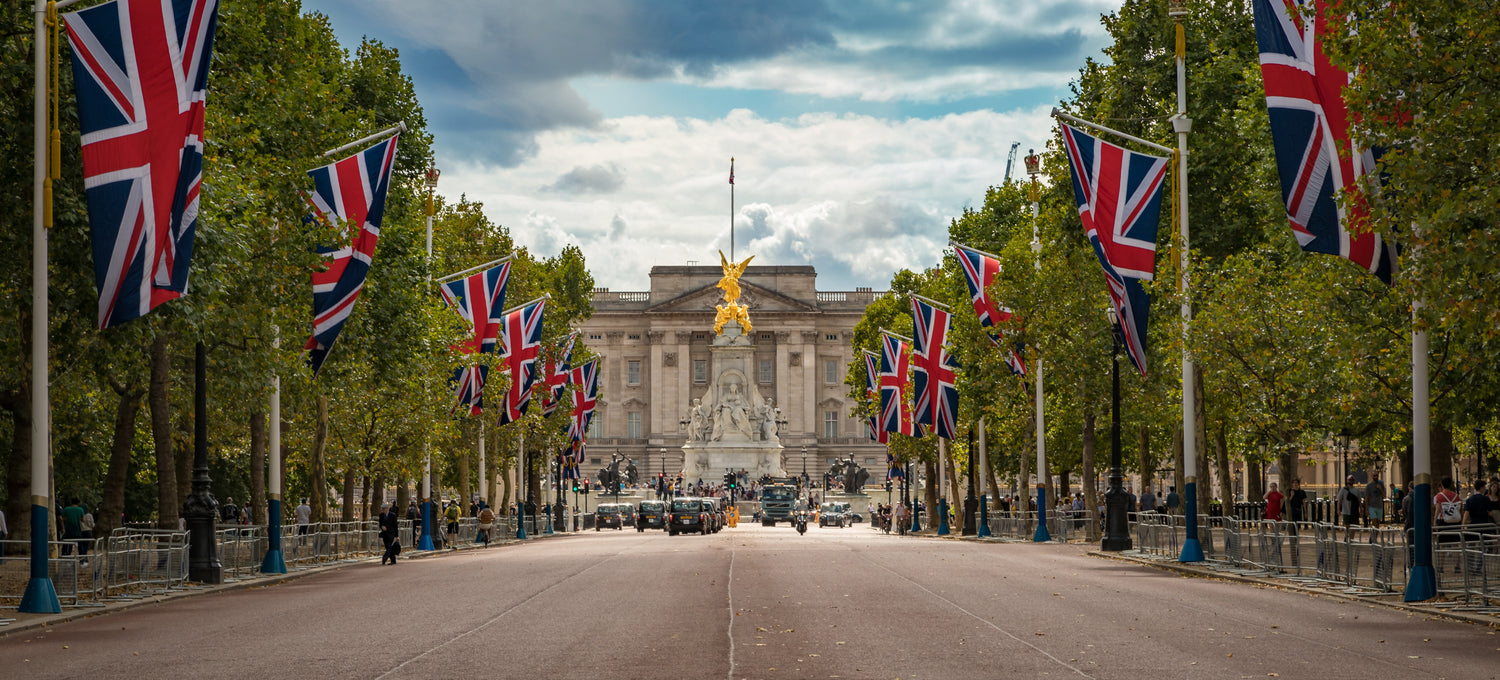 Buckingham Palace with Great British Flags either side 