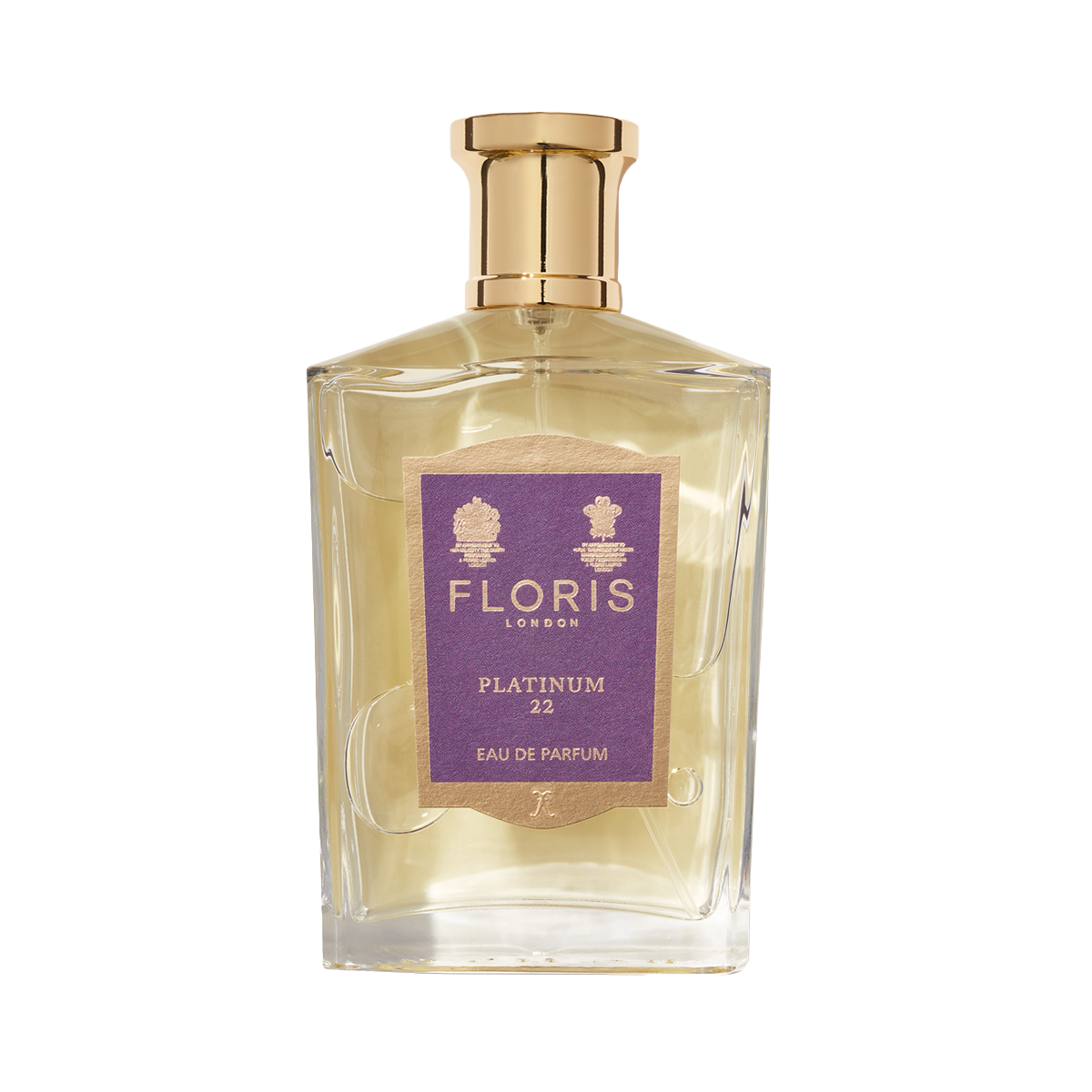Clear glass bottle of Floris London's Platinum 22 - Eau de Parfum, a vegan fragrance, with a gold cap and purple label.