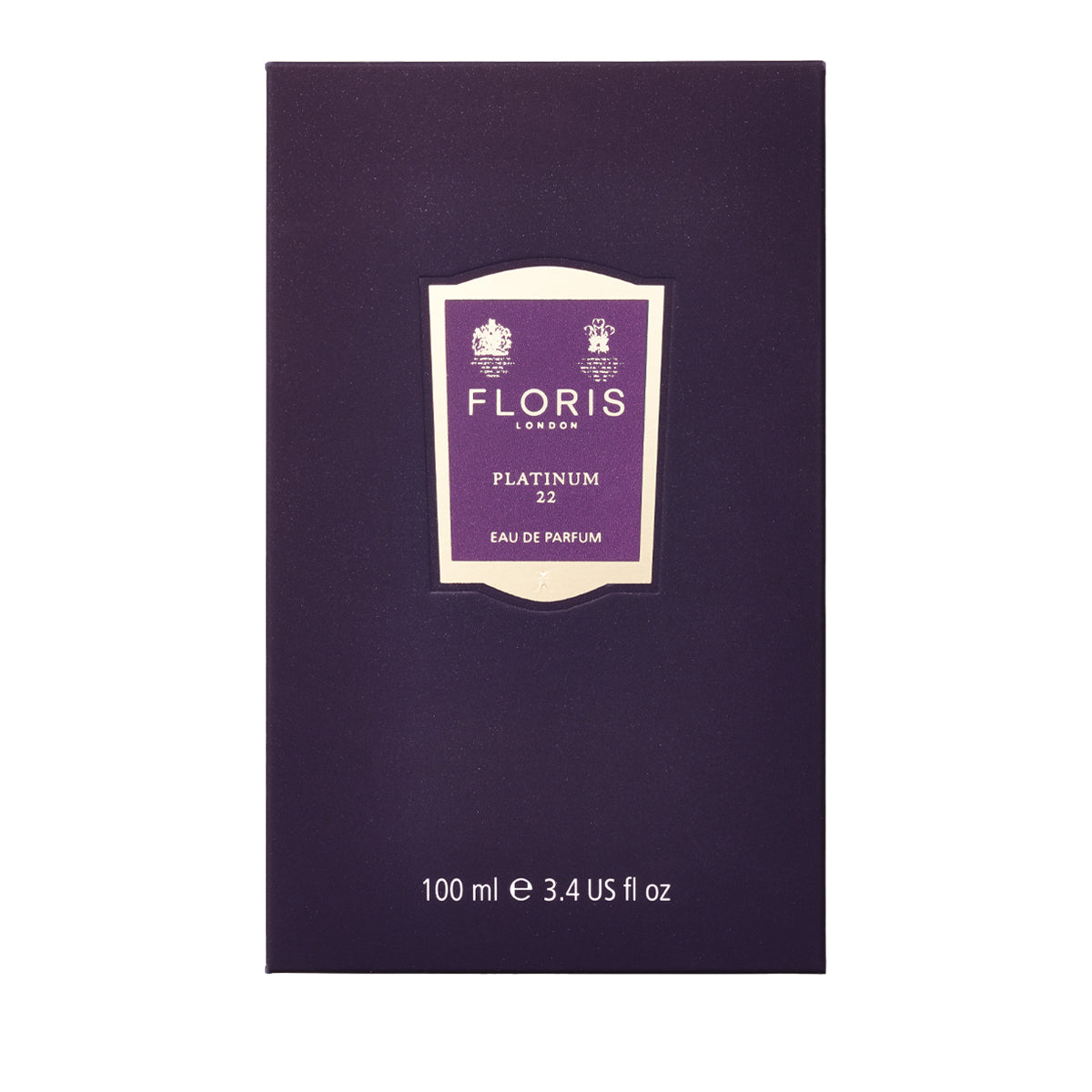 Dark purple Floris London box labeled "Platinum 22 - Eau de Parfum," vegan fragrance, 100 ml (3.4 US fl oz).