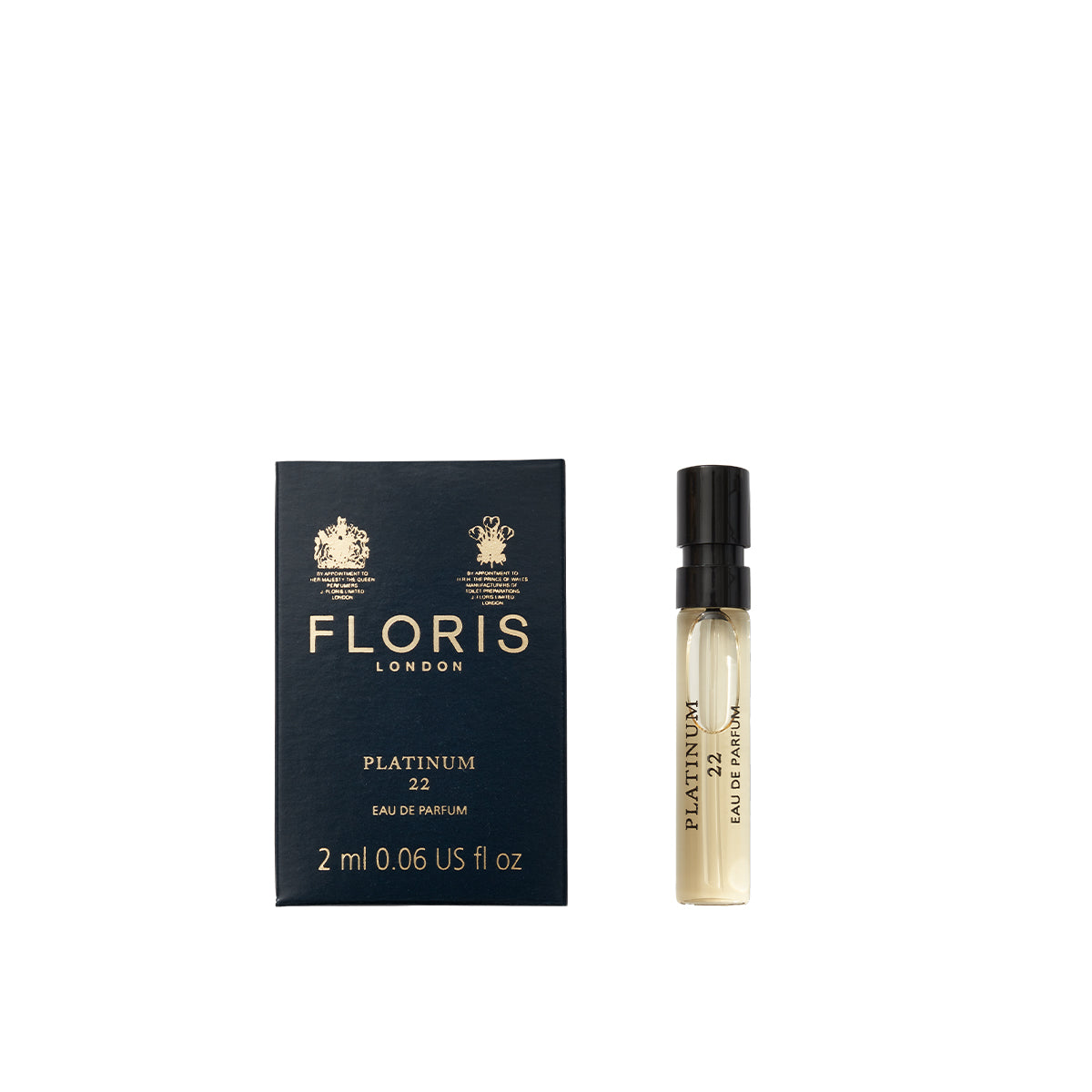A 2 ml sample of Floris London's Platinum 22 Eau de Parfum is elegantly packaged with detailed branding.