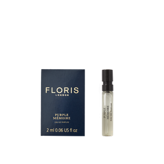 2 ml sample bottle and box of Floris London UK's Purple Mémoire Eau de Parfum, a sophisticated fragrance embodying English charm.