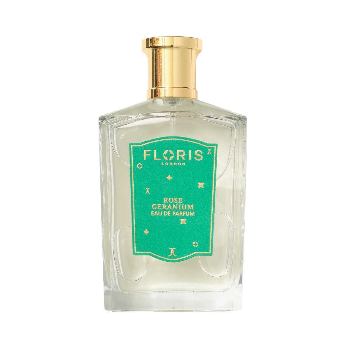 A clear glass bottle of Floris London UK Rose Geranium | Limited Edition Eau de Parfum with a gold cap and green label.