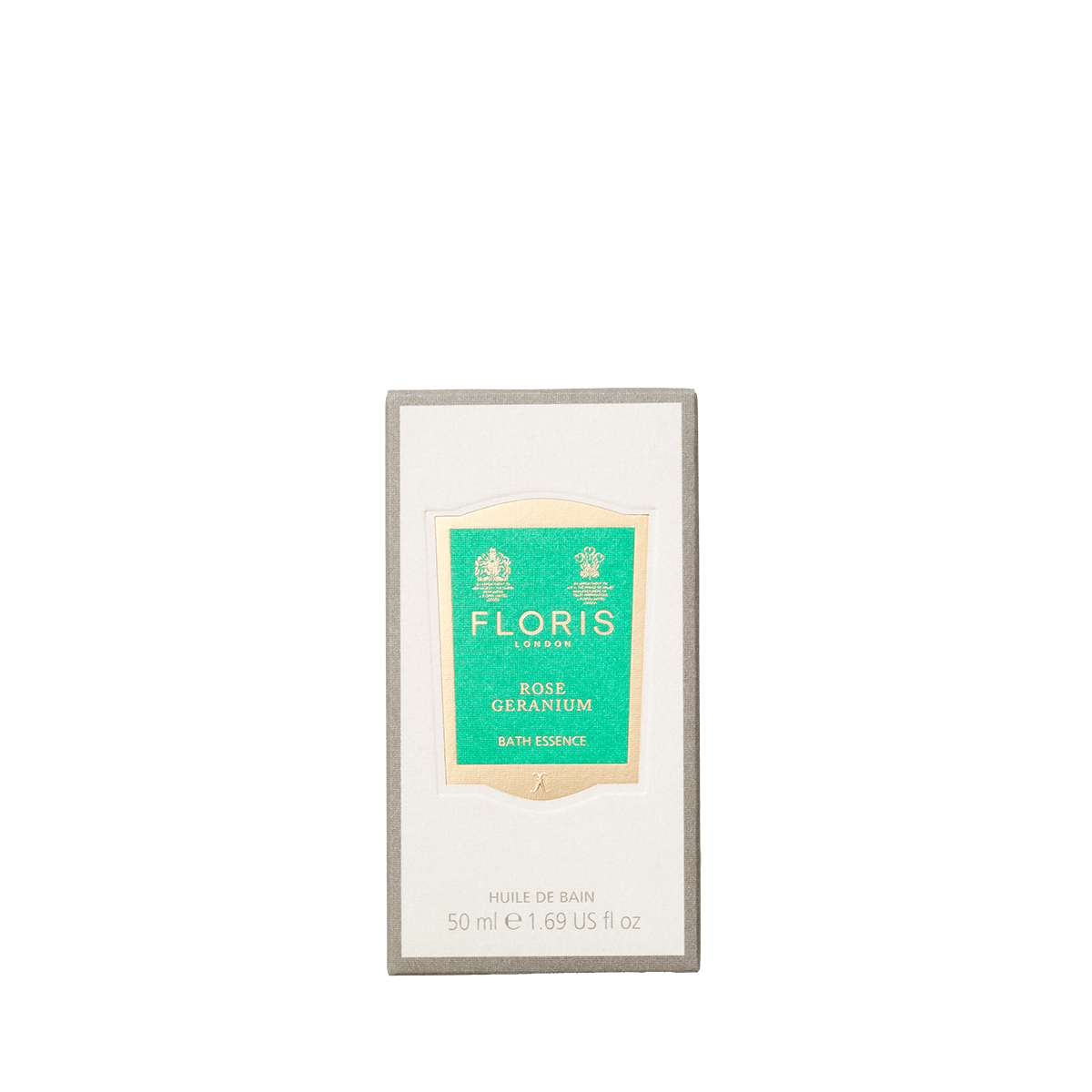 A box labeled "Rose Geranium - Bath Essence" by Floris London, with a green and cream design; a perfume-like bath product offering skin-softening benefits.
