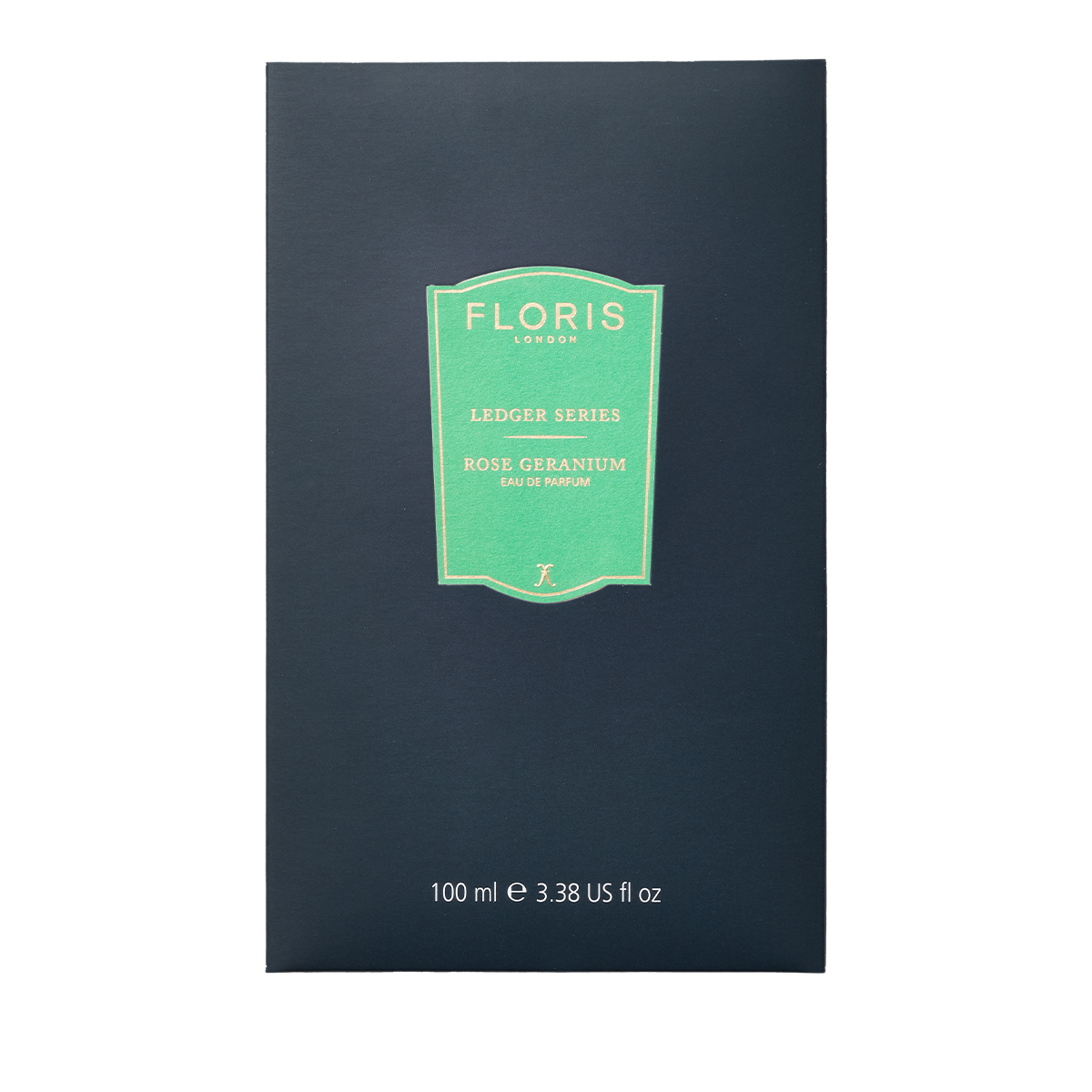 Floris London's dark blue box holds 'Rose Geranium' perfume with hints of cedarwood, in a 100 ml size.