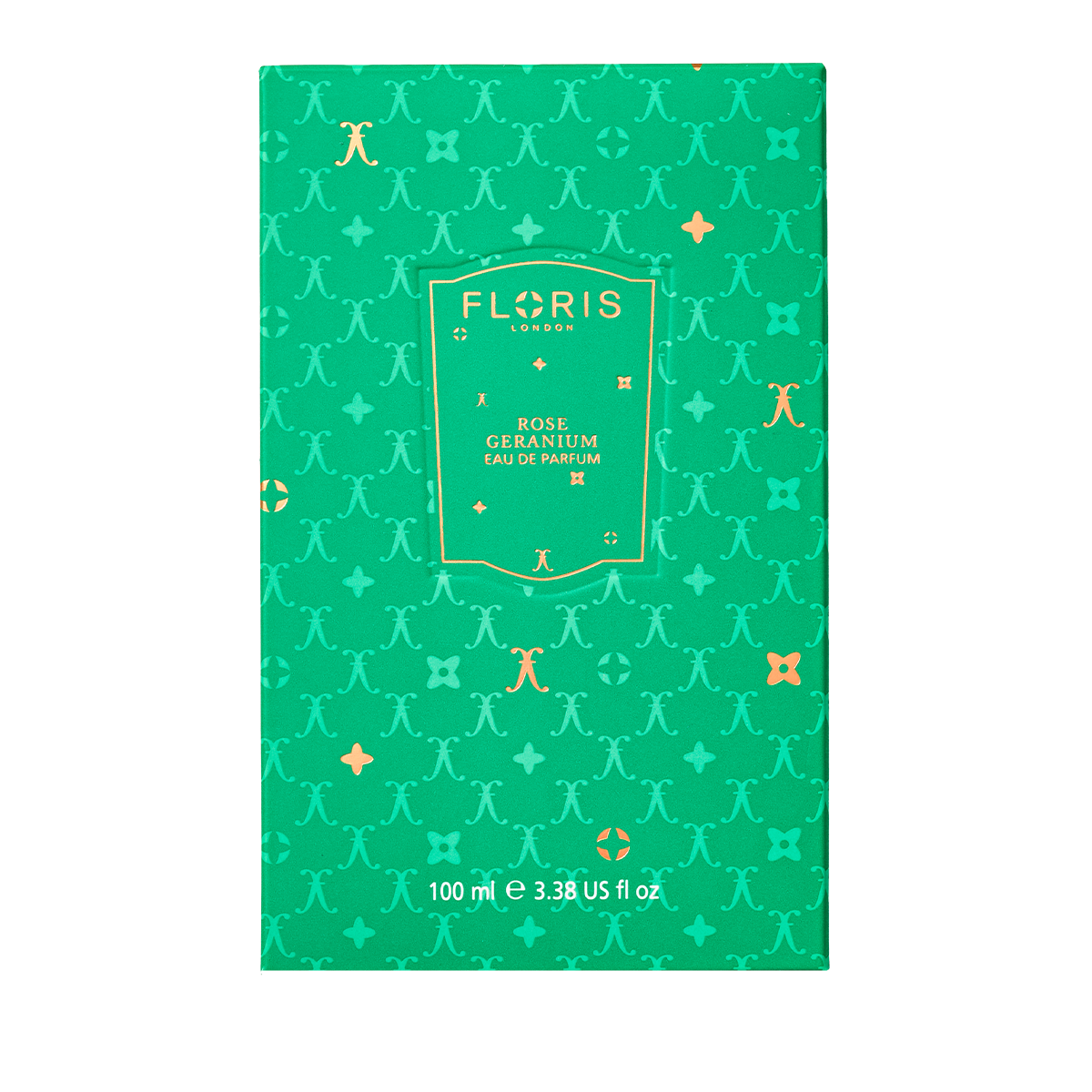 Floris London UK Rose Geranium | Limited Edition perfume, 100 ml, features a green box with gold text and decorative pattern.