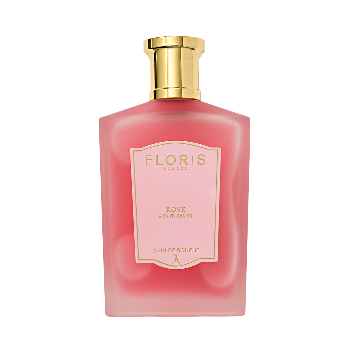 Pink Floris London Rose Mouthwash with a gold cap and light pink label, infused with pure rosewater for an elegant touch.