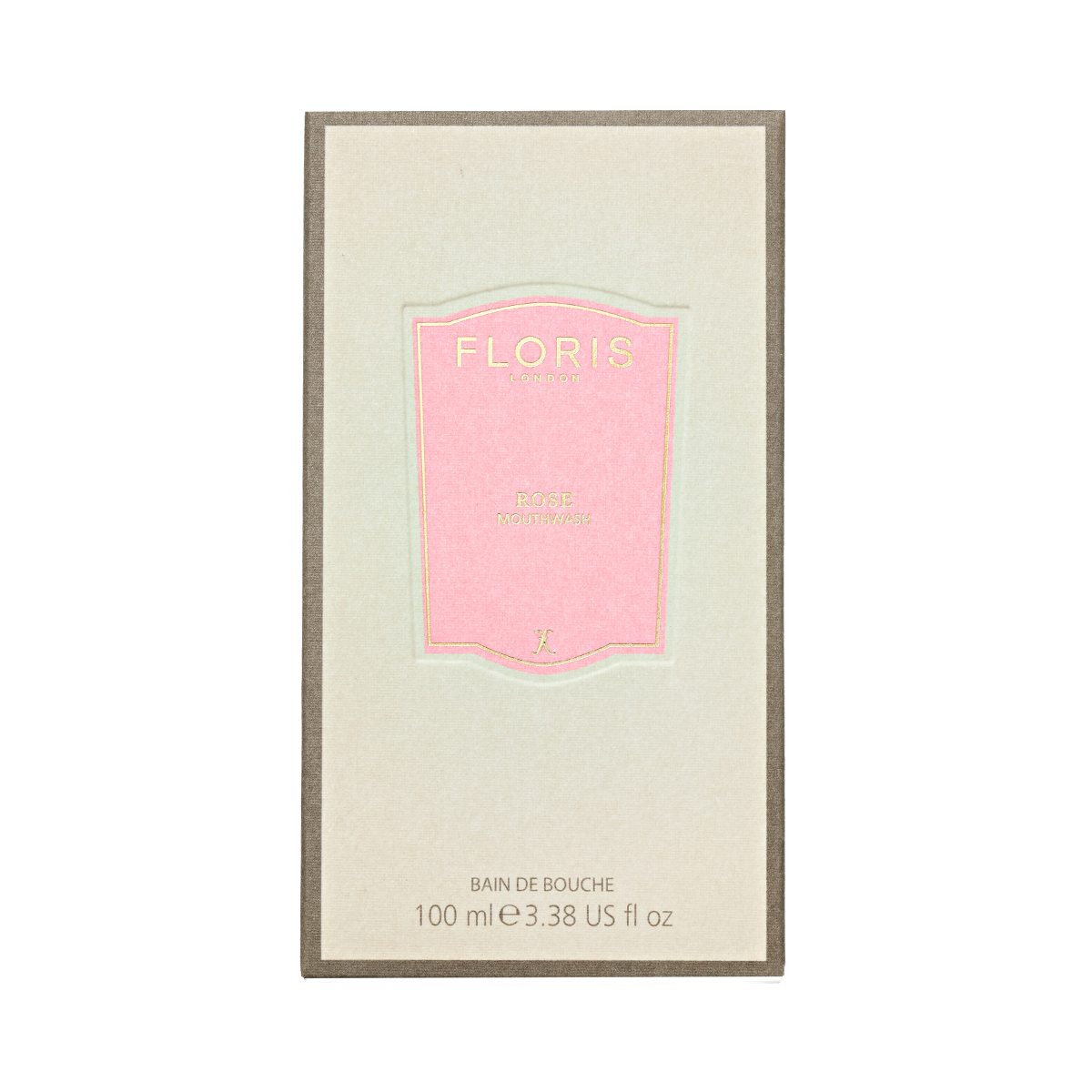 Floris London's Rose - Mouthwash comes in a pink-labeled package with volume details at the bottom, delivering pure rosewater essence in every concentrated drop.