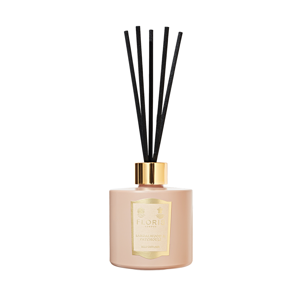 Elegant Floris London diffuser with a gold label and black reeds, infused with rich sandalwood and patchouli.