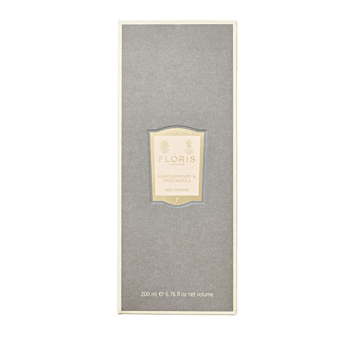 Floris London Sandalwood & Patchouli Reed Diffuser in a gray box, 200ml, offers an amber-rich aroma with sandalwood and patchouli hints.