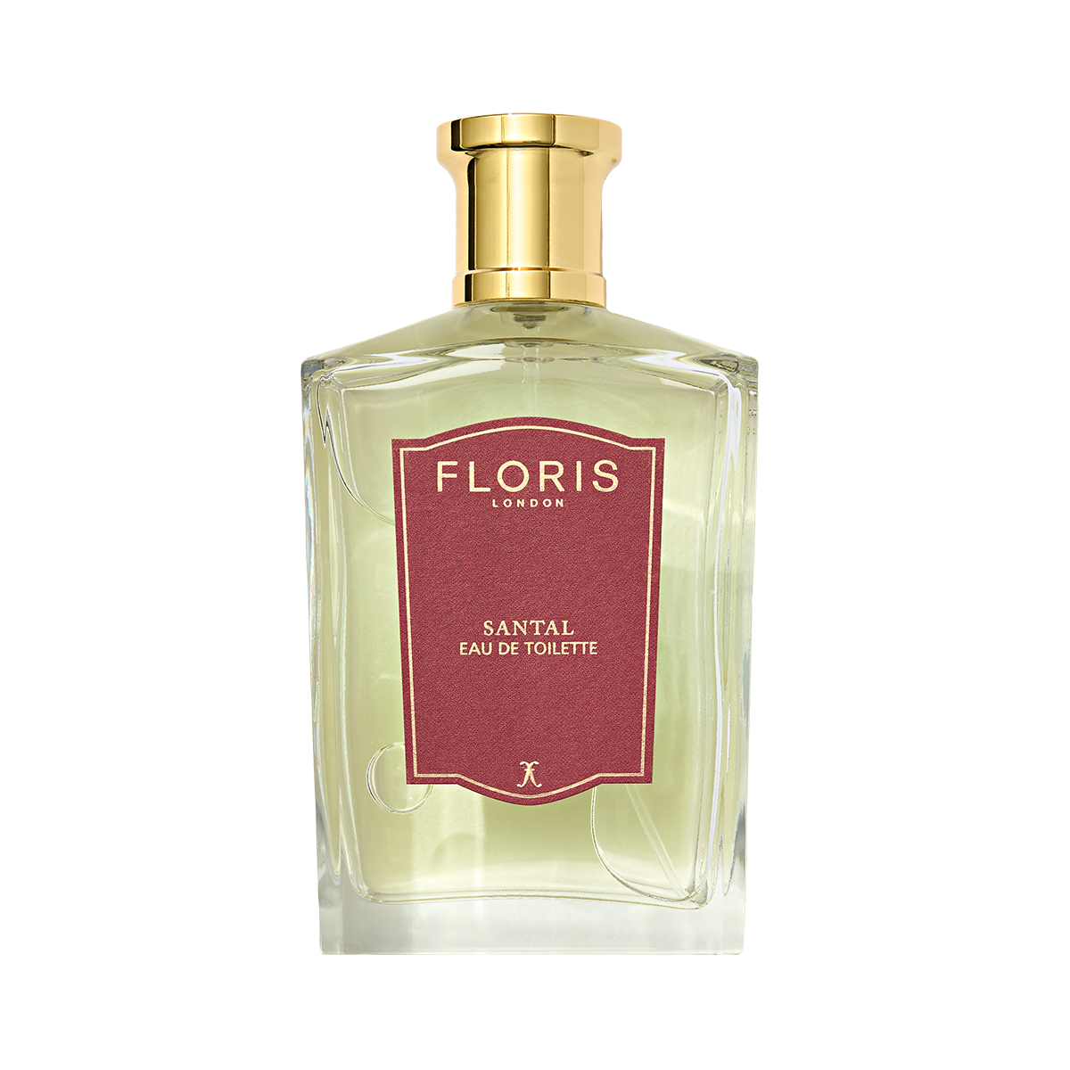 Floris London Santal Eau de Toilette, a men's fragrance with a gold cap and maroon label, features rich sandalwood notes.