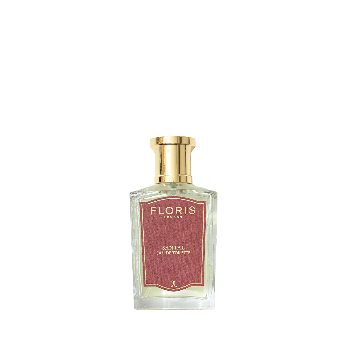 Floris London's Santal Eau de Toilette features a gold cap and red label, offering a refined sandalwood scent ideal for the distinguished man.