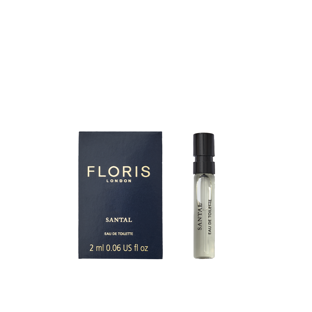 Floris London's Santal Eau de Toilette: a men's sandalwood fragrance in a dark box with gold text and a sleek transparent spray bottle, exuding sophistication.