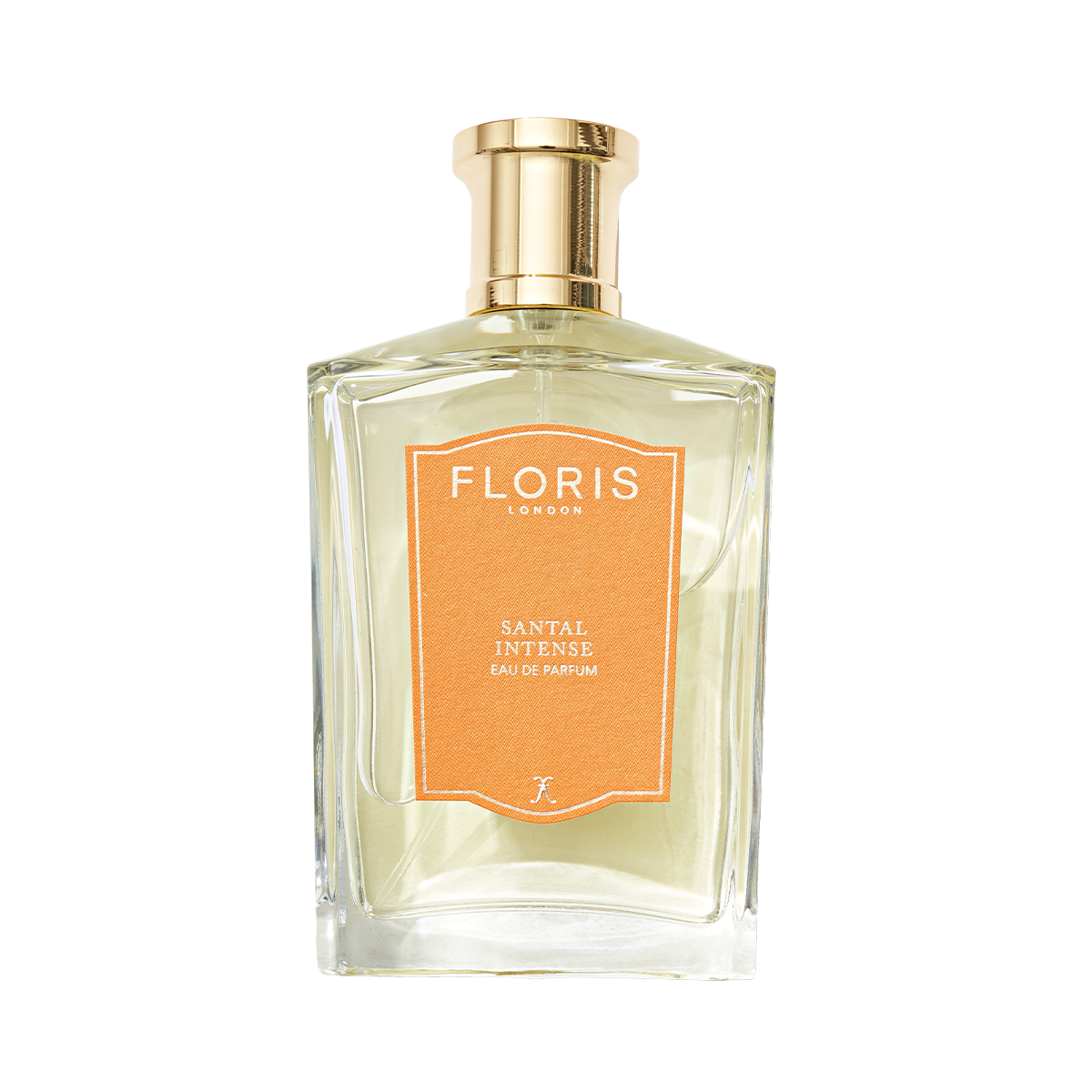 Clear perfume bottle labeled "Floris London Santal Intense - Eau de Parfum" with a gold cap, offering a modern sandalwood fragrance.