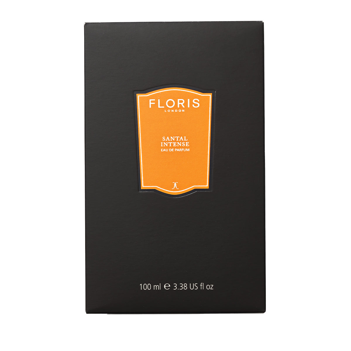 Floris London's Santal Intense Eau de Parfum features sandalwood in a 100 ml black box with an orange label, offering a contemporary fragrance.
