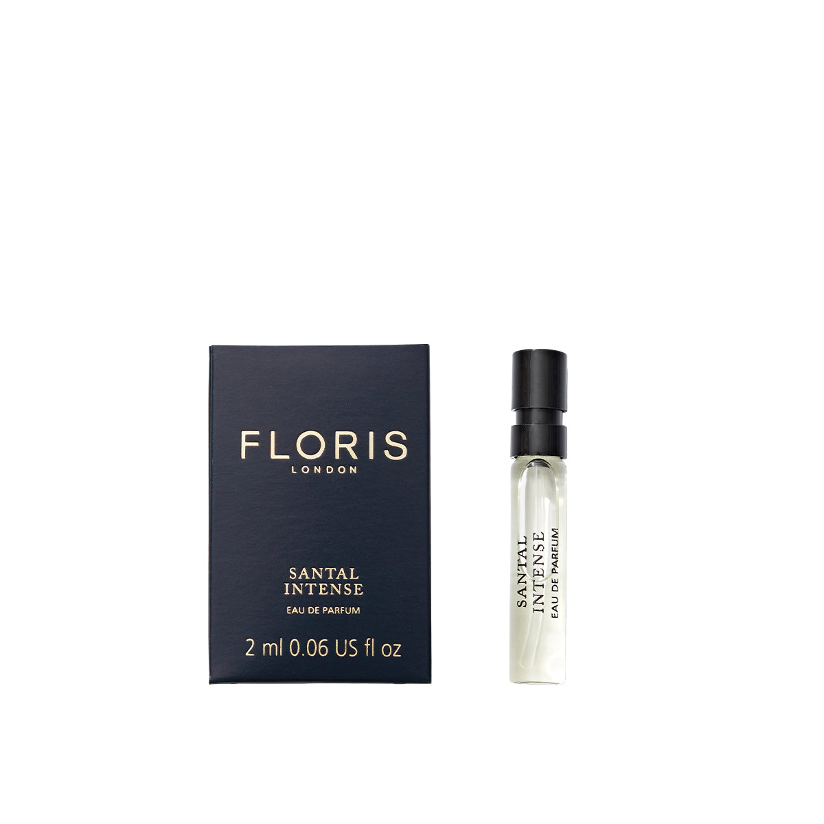 The 2 ml Floris London Santal Intense Eau de Parfum sample, with a black cap and box, offers sandalwood notes for a modern fragrance.