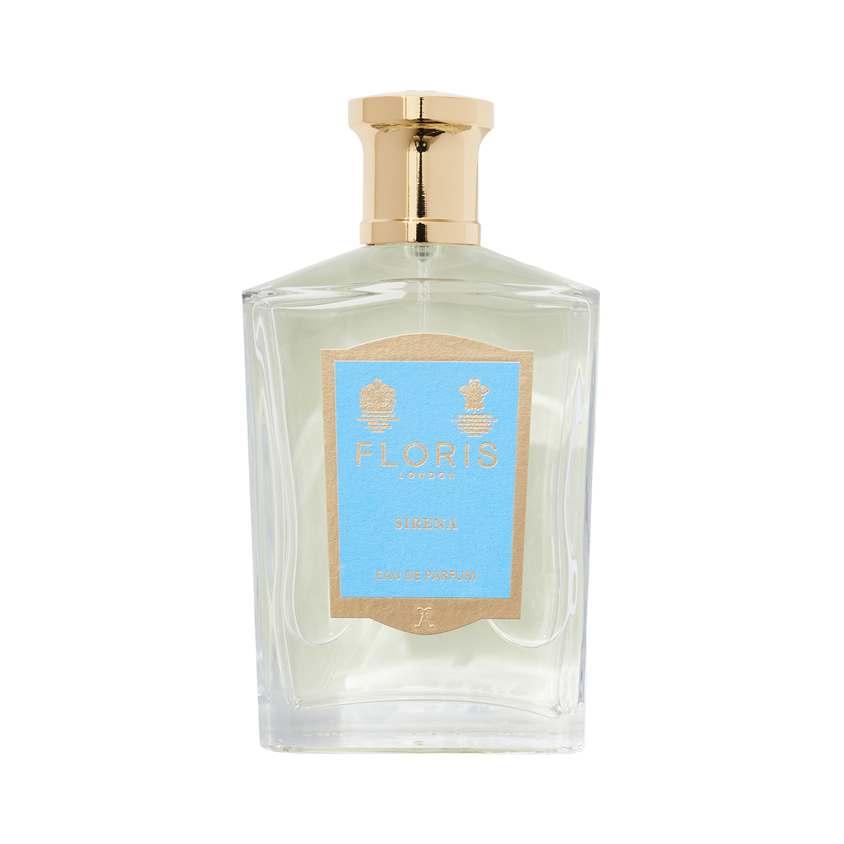 The Sirena Eau de Parfum by Floris London comes in a bottle with a gold cap and blue label, offering a tropical blend with an exquisite floral scent.