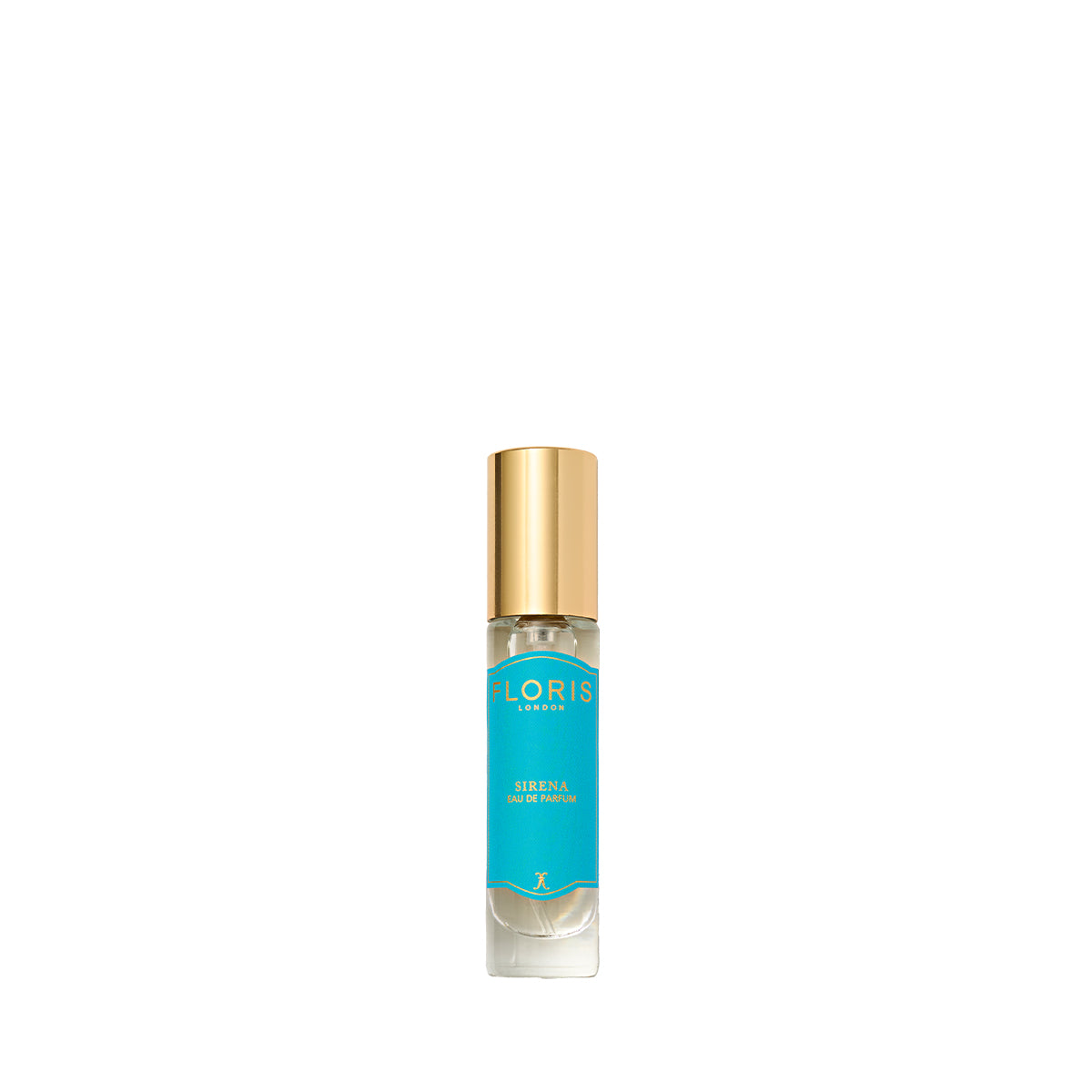 Small Floris London Sirena bottle with teal label and gold cap, exuding a floral scent, isolated on a white background.
