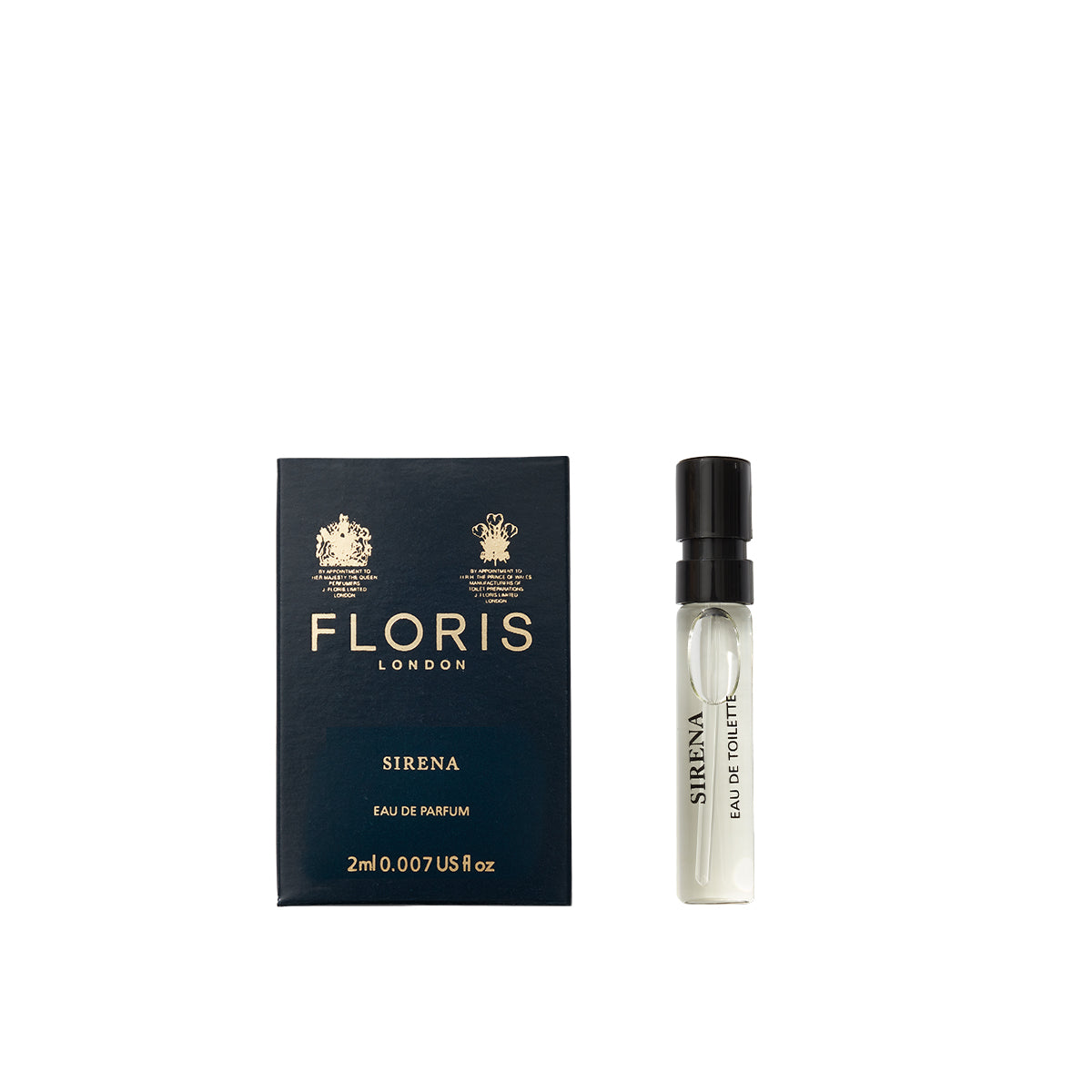 Floris London's Sirena Eau de Parfum 2ml sampler bottle, with packaging on a white background, captures a floral scent in its tropical blend.