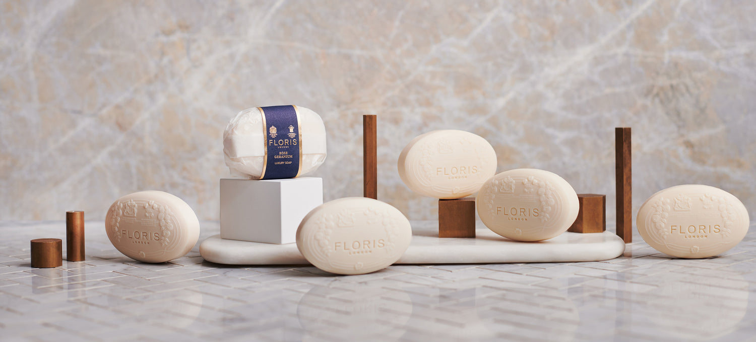 A range of White Floris London Soaps on a tiled side