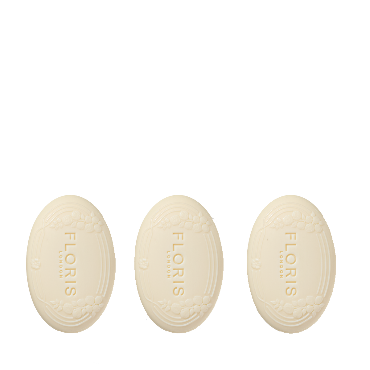 Three embossed oval soaps from Floris London arranged in a row, part of the "Soap Collection | Pick Your Own" set.