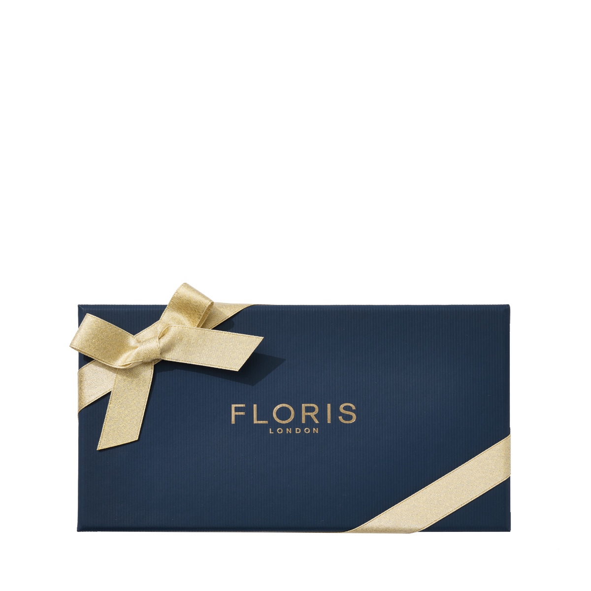 Navy blue Floris London gift box with a gold ribbon, featuring the Soap Collection | For Her, on a white background.