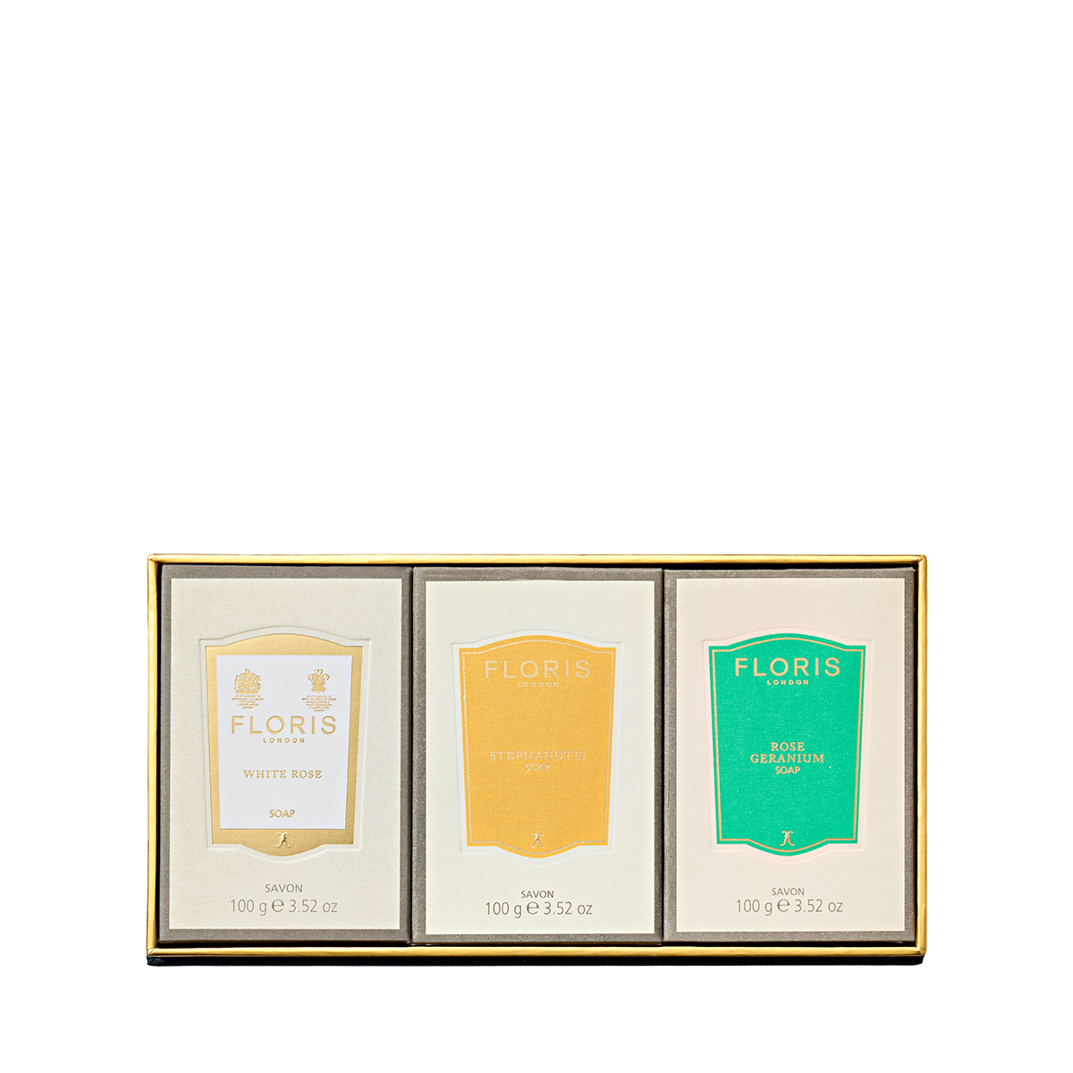Experience floral elegance with the Floris London Soap Collection | For Her, featuring White Rose, JF, and Rose Geranium beautifully packaged soaps.