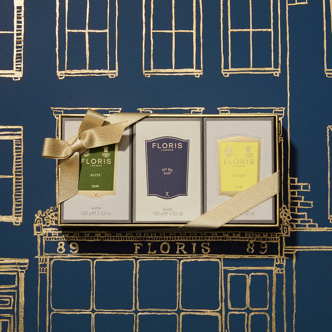 Floris London UK Soap Collection | For Him: three gentlemen’s soaps with shea butter in a gift box, finished with a gold ribbon.