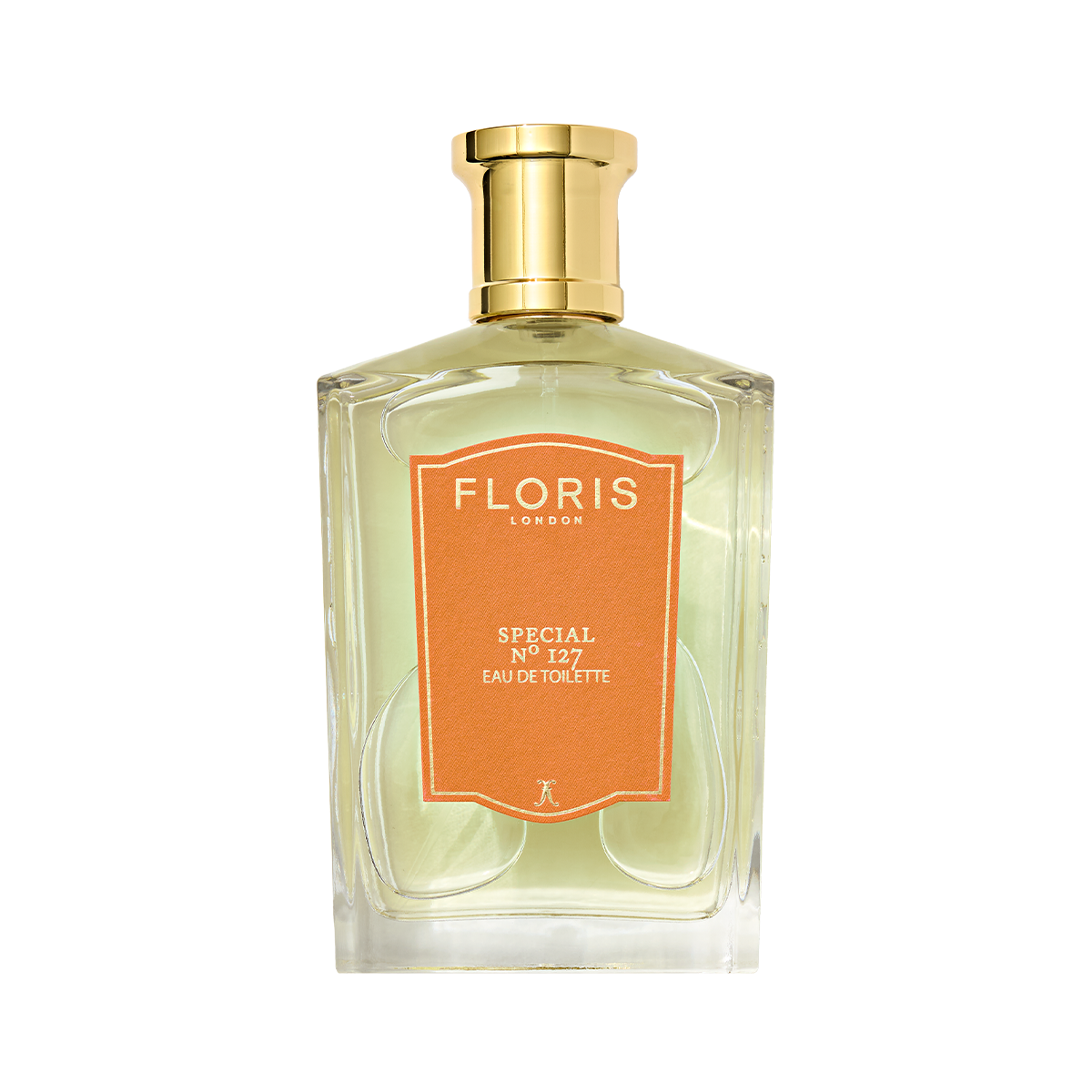 A Floris London Special No. 127 Eau de Toilette with a gold cap and orange label, offering historic elegance in lavender and bergamot notes.