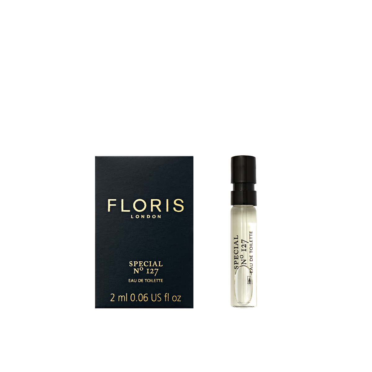 Floris London's Special No. 127 Eau de Toilette, in a 2ml spray, with bergamot and lavender hints, embodies historic elegance beside its dark blue box.