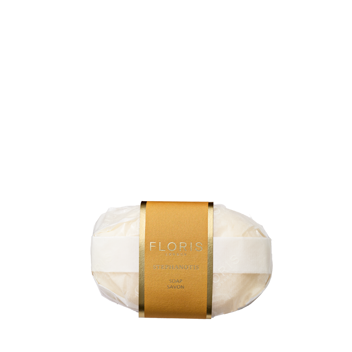 Floris London's Stephanotis Soap, paper-wrapped with a gold label, is crafted from a vegetable base and enriched with shea butter.