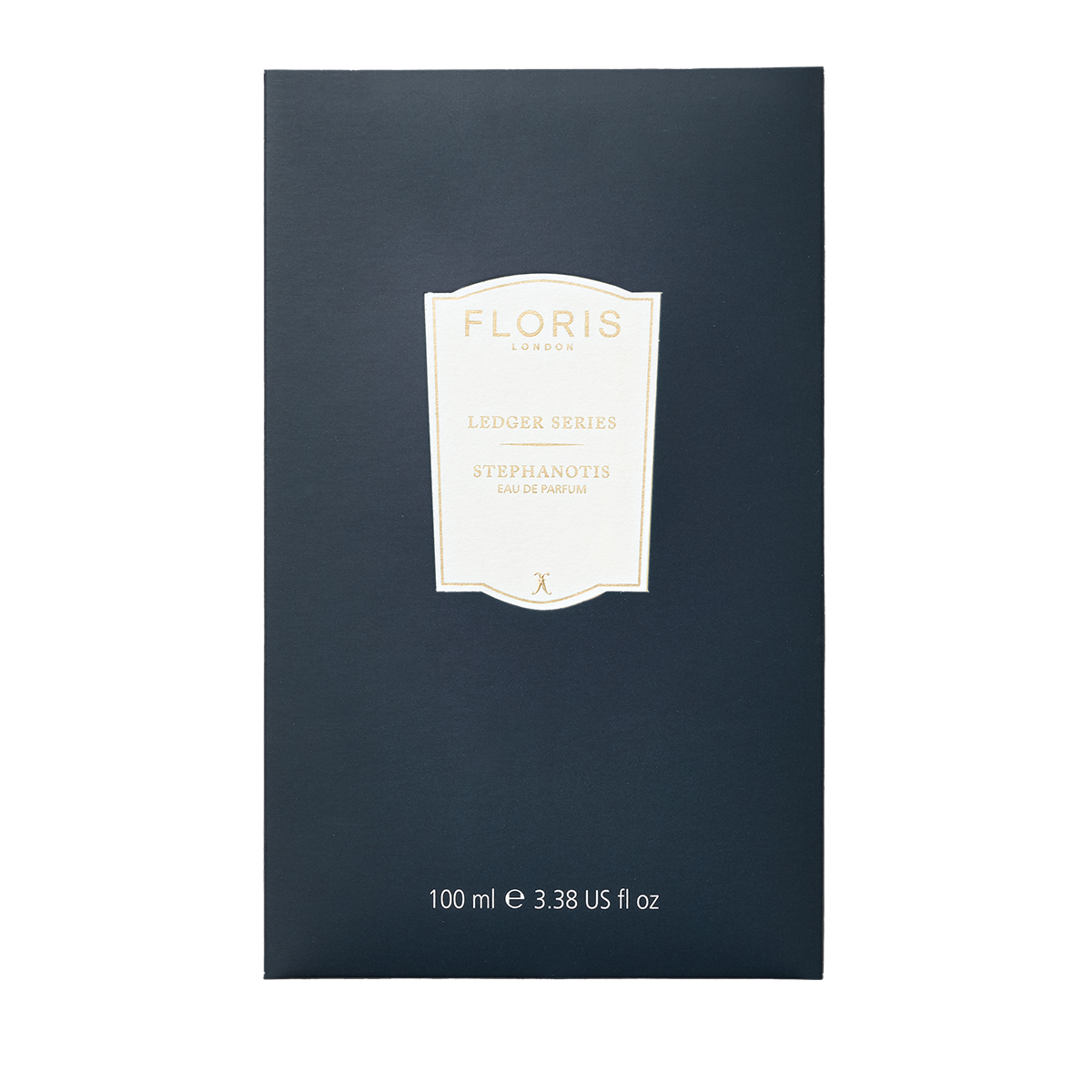 Dark blue box labeled "Floris London UK", "Ledger Series", with sandalwood Stephanotis Eau de Parfum, 100 ml, 3.38 fl oz.